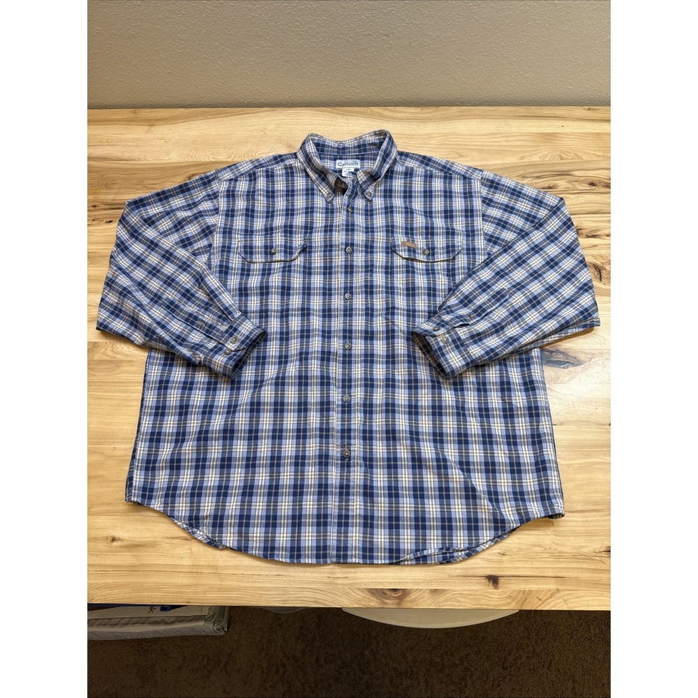 Carhartt S152 Men's Long Sleeve Chambray Blue Plaid Button Down Shirt Size 2XL